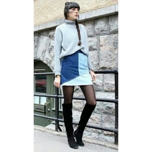 Zara Blue Jean Patch Distressed Raw Hem Mini Skirt Sz XS Patchwork Pockets Boho. - Picture 1 of 10